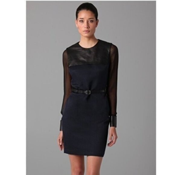 Yigal Azrouel | Cloque Silk Wool Blend Leather Trim Long Sleeve Dress Navy Blue - Picture 1 of 13